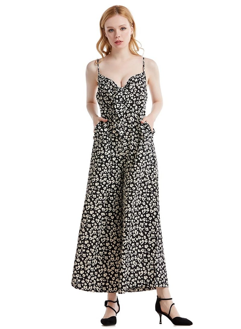 Loquat Lady's Printed Suspender Jumpsuit One-Piece Pants Black/White  - Image 1