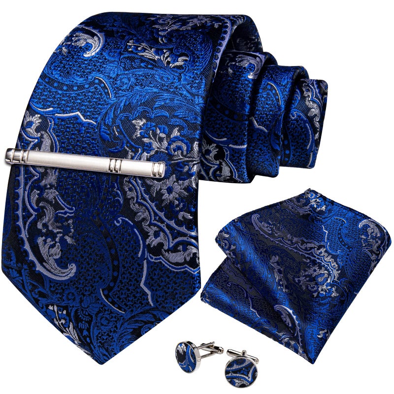 DiBanGu Paisley Ties for Men Silk Necktie and Pocket Square Cufflinks Tie Clip Set Woven Classic Mens Tie for Wedding Party, Royal Blue and Silver - Image 2
