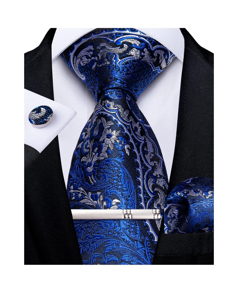 DiBanGu Paisley Ties for Men Silk Necktie and Pocket Square Cufflinks Tie Clip Set Woven Classic Mens Tie for Wedding Party, Royal Blue and Silver - Image 1
