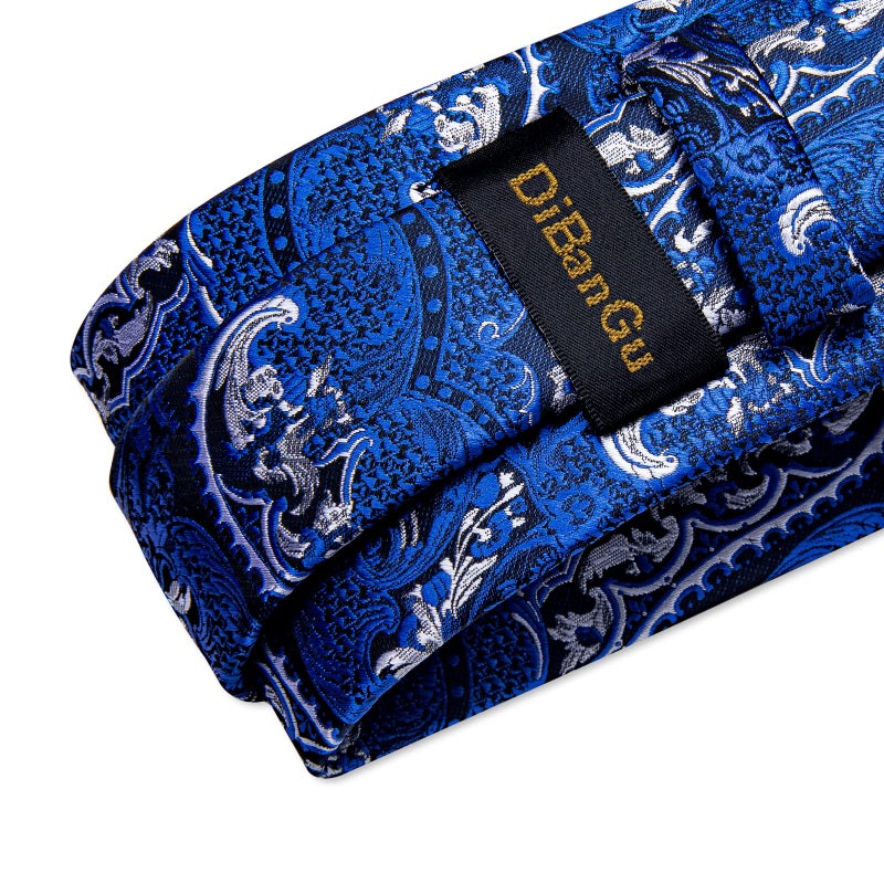 DiBanGu Paisley Ties for Men Silk Necktie and Pocket Square Cufflinks Tie Clip Set Woven Classic Mens Tie for Wedding Party, Royal Blue and Silver - Image 4