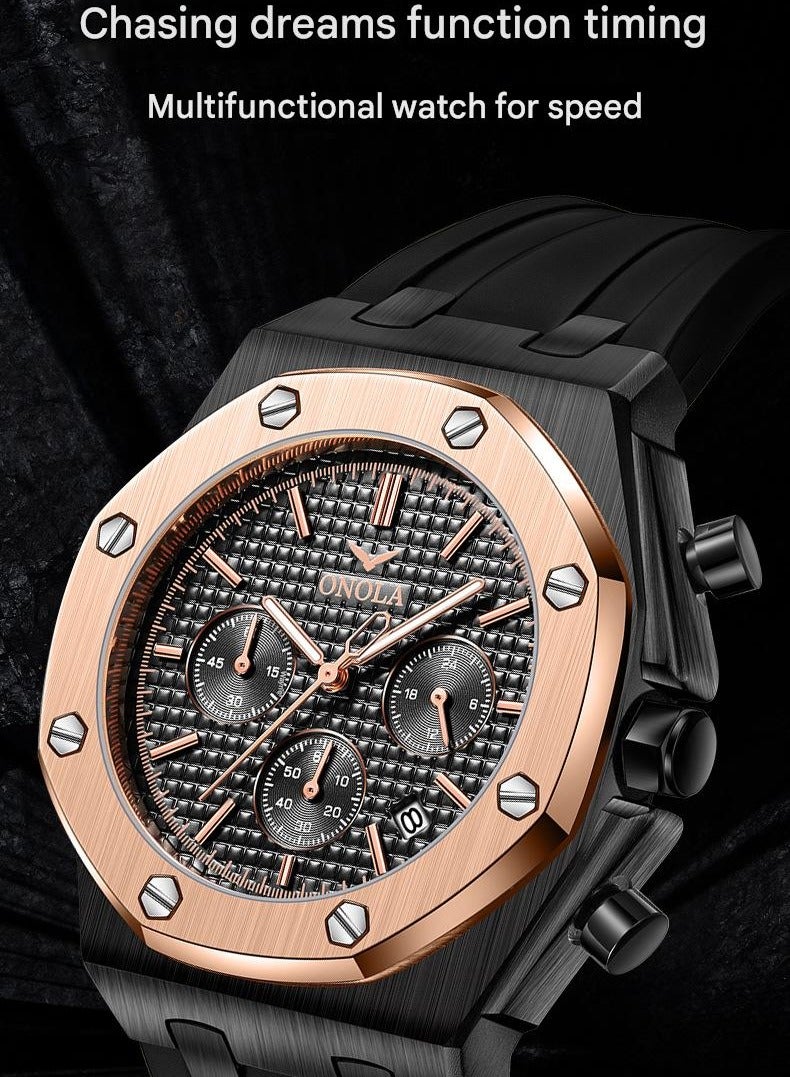 ONOLA ​​ONOLA Men's Multifunction Quartz Watch - Rose Gold-Tone Case with Black Silicone Strap, Six-Hand Chronograph Design, 30M Water Resistance, Sporty Business Style, Ideal for Daily Commute, Gym Sessions & Social Events​​ - Image 2