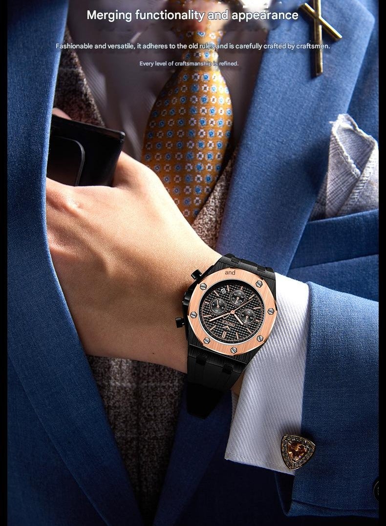 ONOLA ​​ONOLA Men's Multifunction Quartz Watch - Rose Gold-Tone Case with Black Silicone Strap, Six-Hand Chronograph Design, 30M Water Resistance, Sporty Business Style, Ideal for Daily Commute, Gym Sessions & Social Events​​ - Image 3