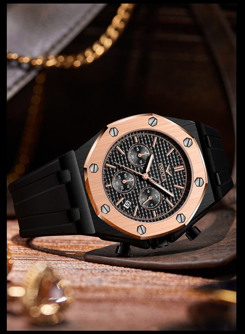 ONOLA ​​ONOLA Men's Multifunction Quartz Watch - Rose Gold-Tone Case with Black Silicone Strap, Six-Hand Chronograph Design, 30M Water Resistance, Sporty Business Style, Ideal for Daily Commute, Gym Sessions & Social Events​​ - Image 4