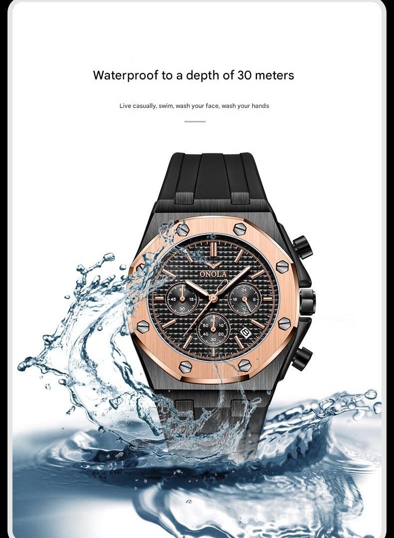 ONOLA ​​ONOLA Men's Multifunction Quartz Watch - Rose Gold-Tone Case with Black Silicone Strap, Six-Hand Chronograph Design, 30M Water Resistance, Sporty Business Style, Ideal for Daily Commute, Gym Sessions & Social Events​​ - Image 5