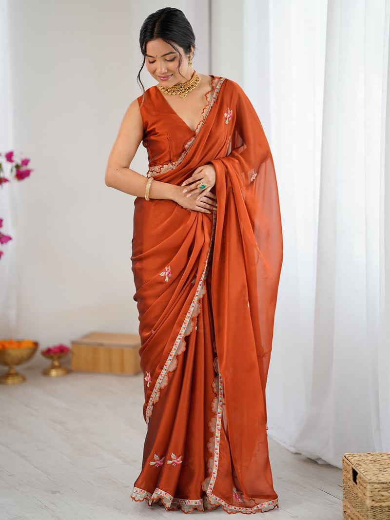 SAREE MALL Women's Rust Georgette Embellished Saree With Unstitched Blouse Piece(GOPI4602_RX) - Image 3