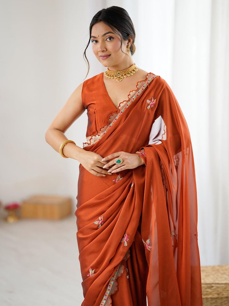 SAREE MALL Women's Rust Georgette Embellished Saree With Unstitched Blouse Piece(GOPI4602_RX) - Image 5