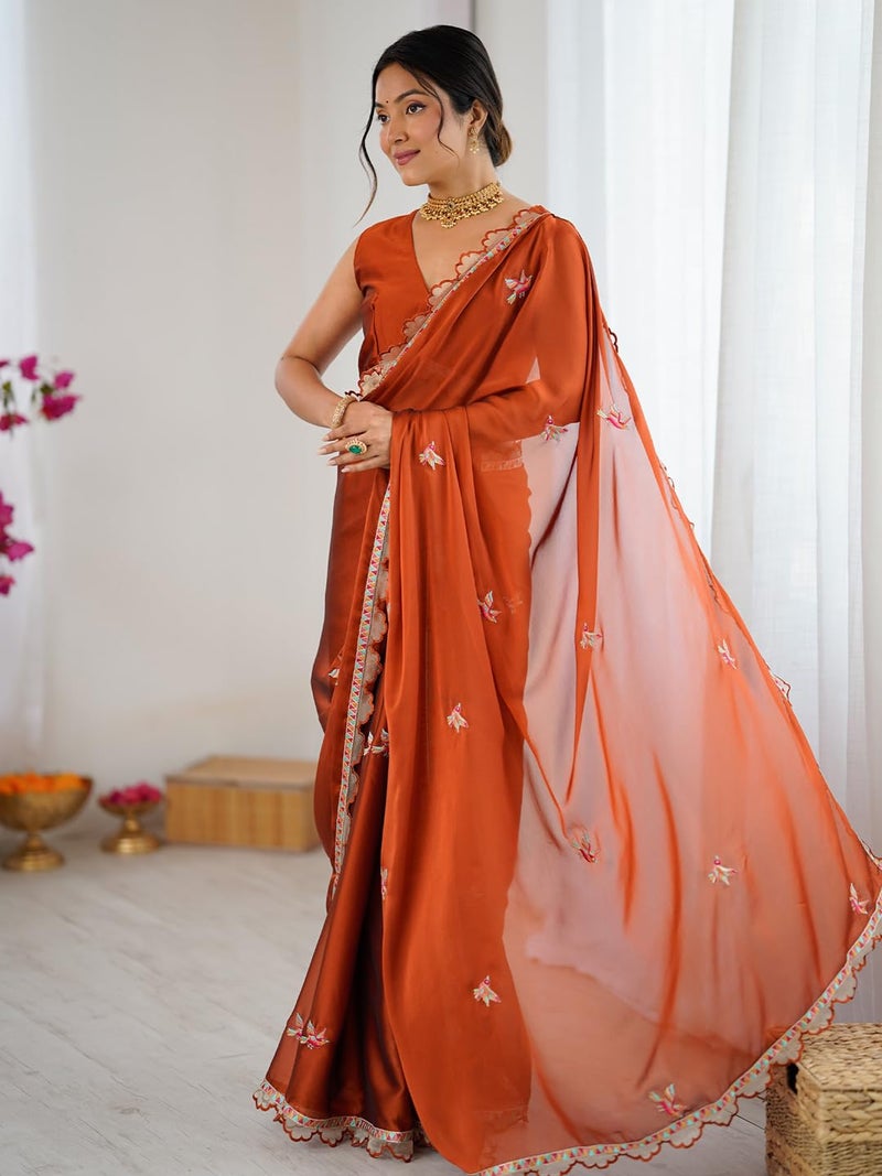 SAREE MALL Women's Rust Georgette Embellished Saree With Unstitched Blouse Piece(GOPI4602_RX) - Image 4