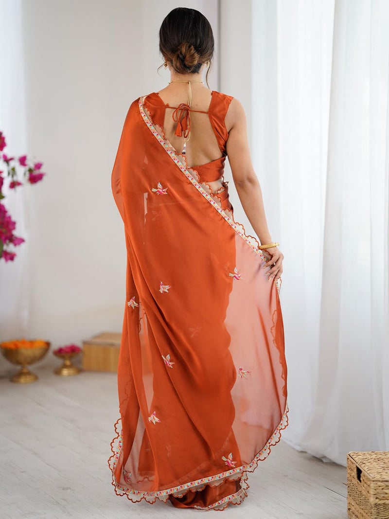 SAREE MALL Women's Rust Georgette Embellished Saree With Unstitched Blouse Piece(GOPI4602_RX) - Image 2