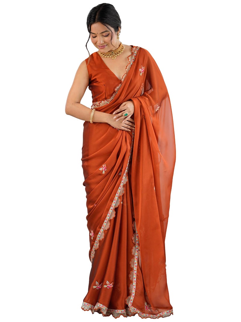 SAREE MALL Women's Rust Georgette Embellished Saree With Unstitched Blouse Piece(GOPI4602_RX) - Image 1