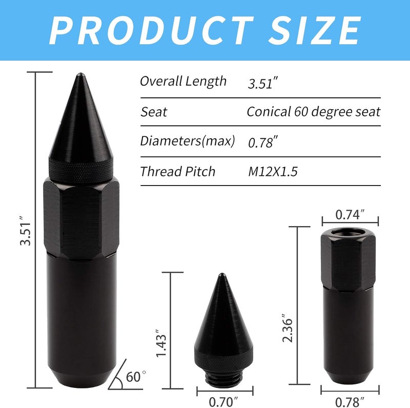 EZPROIT M12X1.5 Spikes Nuts for Rims Aluminum Extended Tuner Lug Nuts 20PCS 60MM (Black) - Image 2