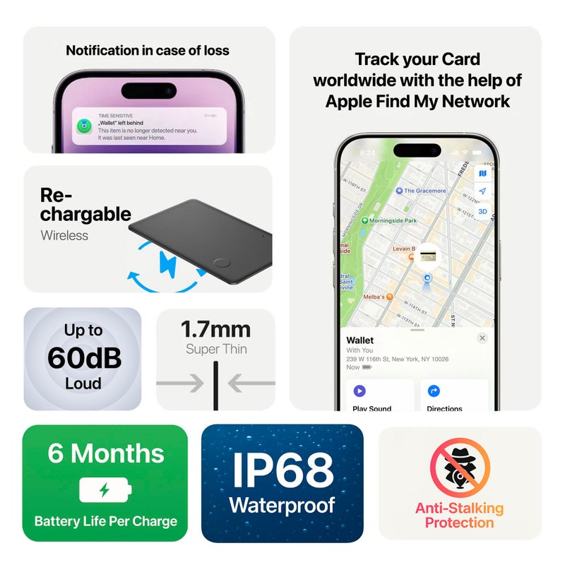 DEBOTIX Wallet Tracker Card, Rechargable, Works with Apple Find My, iPhone (iOS Only), Bluetooth Item Locator for Luggage, Bags, Passport, IP68 Waterproof (1 Pack) - Image 3