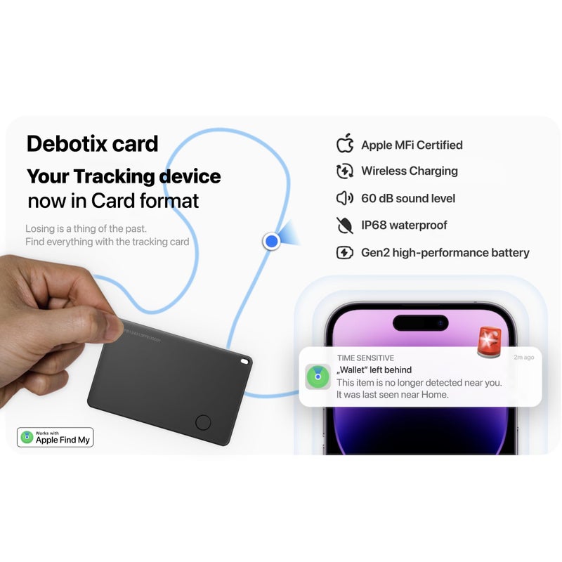DEBOTIX Wallet Tracker Card, Rechargable, Works with Apple Find My, iPhone (iOS Only), Bluetooth Item Locator for Luggage, Bags, Passport, IP68 Waterproof (1 Pack) - Image 2