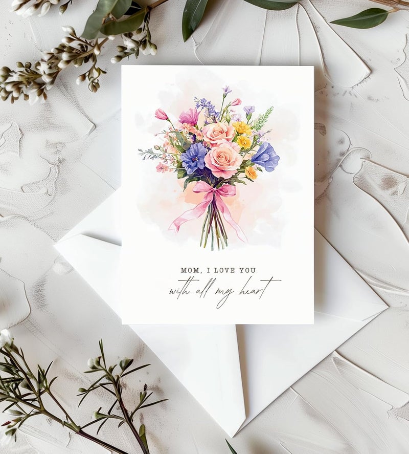 Paper Play Watercolor Flower Bouquet Mother's Day Card - Mixed Floral Design Happy Mother's Day Card for Mom, 5"x7" Foldable - Image 5