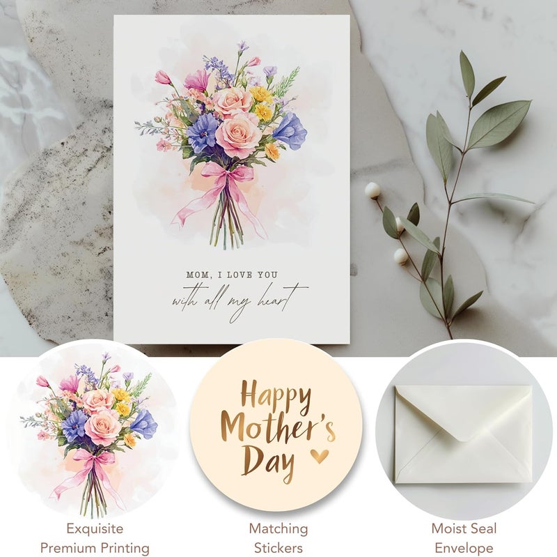 Paper Play Watercolor Flower Bouquet Mother's Day Card - Mixed Floral Design Happy Mother's Day Card for Mom, 5"x7" Foldable - Image 4