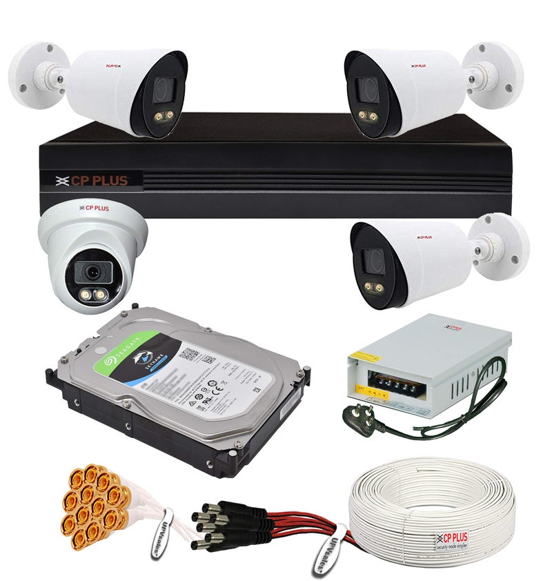 CP PLUS H.265, 2.4 MP Guard+ Colorful View in Dark 4 Camera Combo Kit with 4Ch DVR, 1 Dome 3 Bullet Cameras, 1TB HDD, Power Supply, 90Mtr Cable, Audio Mic and Connectors Wired CCTV Security Camera Set - Image 1