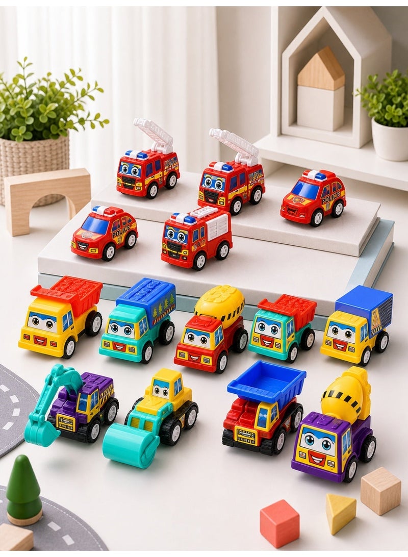 14pcs Random Color Pull-Back Cars, Small Inertia Engineering Vehicles, Cartoon Sticker Assembly Construction Vehicles, Fire Trucks, Best Birthday Party Gift, Christmas Gift - Image 2