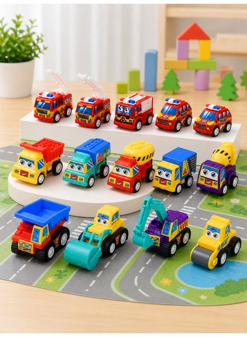 14pcs Random Color Pull-Back Cars, Small Inertia Engineering Vehicles, Cartoon Sticker Assembly Construction Vehicles, Fire Trucks, Best Birthday Party Gift, Christmas Gift - Image 1