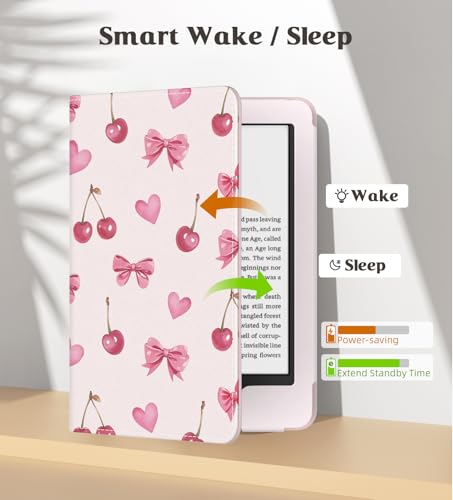 MoKo Case for 6" All-New eBook(11th Generation-2024/2022), Lightweight Shell Cover with Hand Strap Auto Wake/Sleep for E-Reader 11th Gen. 2024, Not fit Kobo Aura 2/Remarkable, Cherry Bow - Image 5