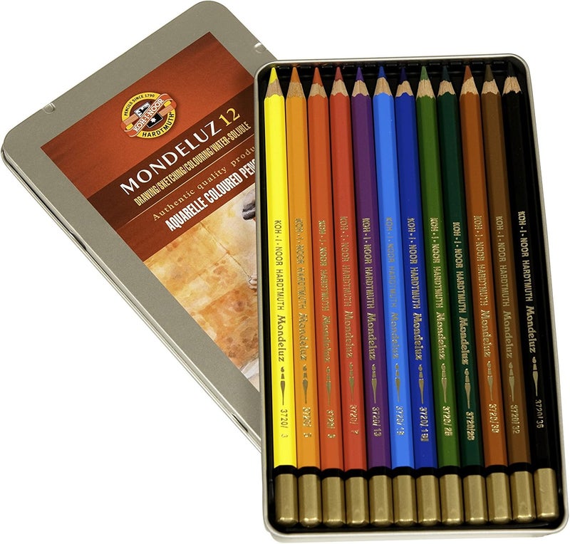 Koh-I-Noor Mondeluz Aquarelle Watercolor Pencil Set - 12 Assorted Colors in Tin Case - Image 2