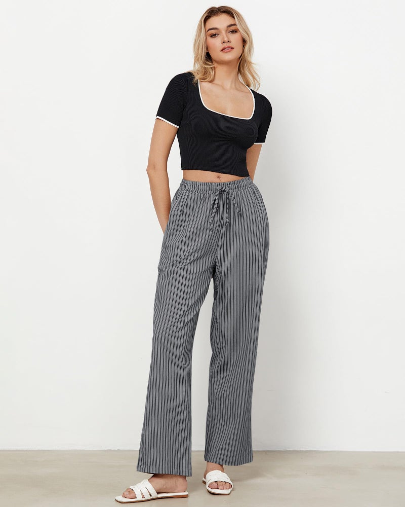 GRAPENT Grey Pants for Women Wide Leg Cotton Pants for Women Women's Wide Leg Comfy Womens Trousers Trouser Gray Black Stripe Size Small US 4 to 6 - Image 2