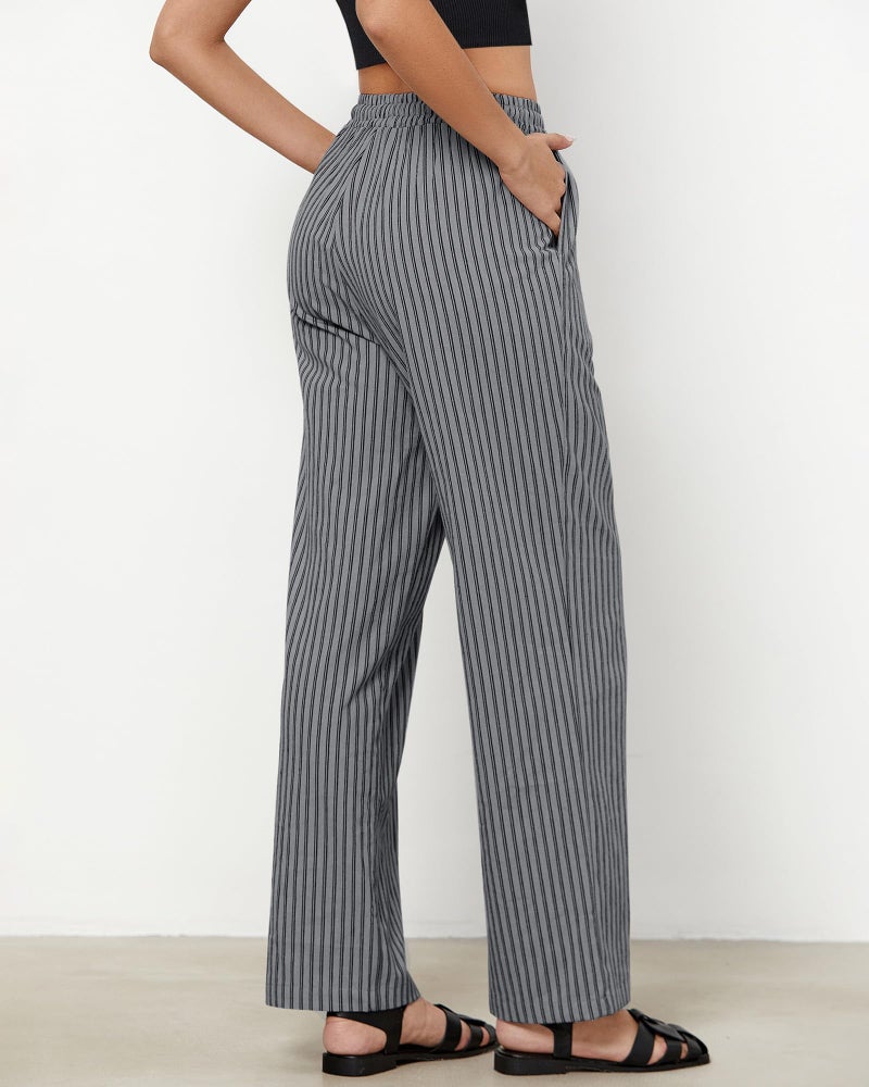 GRAPENT Grey Pants for Women Wide Leg Cotton Pants for Women Women's Wide Leg Comfy Womens Trousers Trouser Gray Black Stripe Size Small US 4 to 6 - Image 3