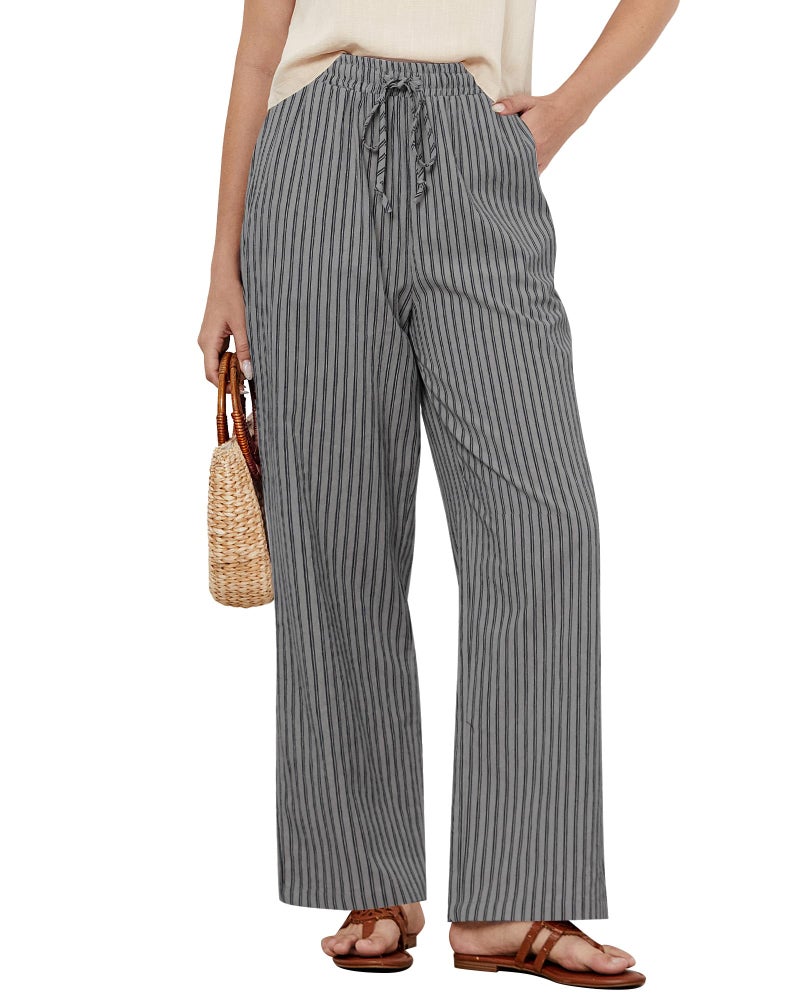 GRAPENT Grey Pants for Women Wide Leg Cotton Pants for Women Women's Wide Leg Comfy Womens Trousers Trouser Gray Black Stripe Size Small US 4 to 6 - Image 1