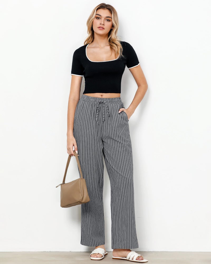 GRAPENT Grey Pants for Women Wide Leg Cotton Pants for Women Women's Wide Leg Comfy Womens Trousers Trouser Gray Black Stripe Size Small US 4 to 6 - Image 4