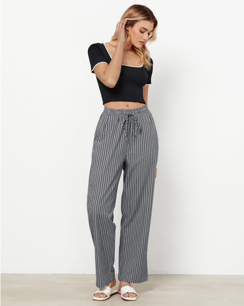 GRAPENT Grey Pants for Women Wide Leg Cotton Pants for Women Women's Wide Leg Comfy Womens Trousers Trouser Gray Black Stripe Size Small US 4 to 6 - Image 5