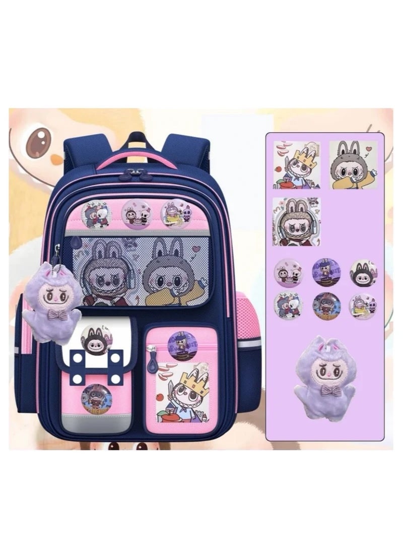 Labubu Elementary School Girl Large Capacity Ultra-light School Bag Large Size 42*30*20CM (Card + Badge + Stuffed doll)
