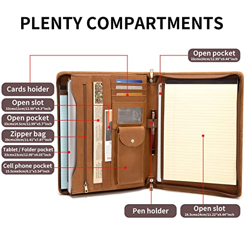 YIWEN Handmade Crazy-Horse Leather Padfolio Portfolio Case Business Organizer Tablet Folio Folder, Letter Size Notepad,Zippered Closure, Gift for Women & Men (Brown Upgraded Version, Non-Custom) - Image 3
