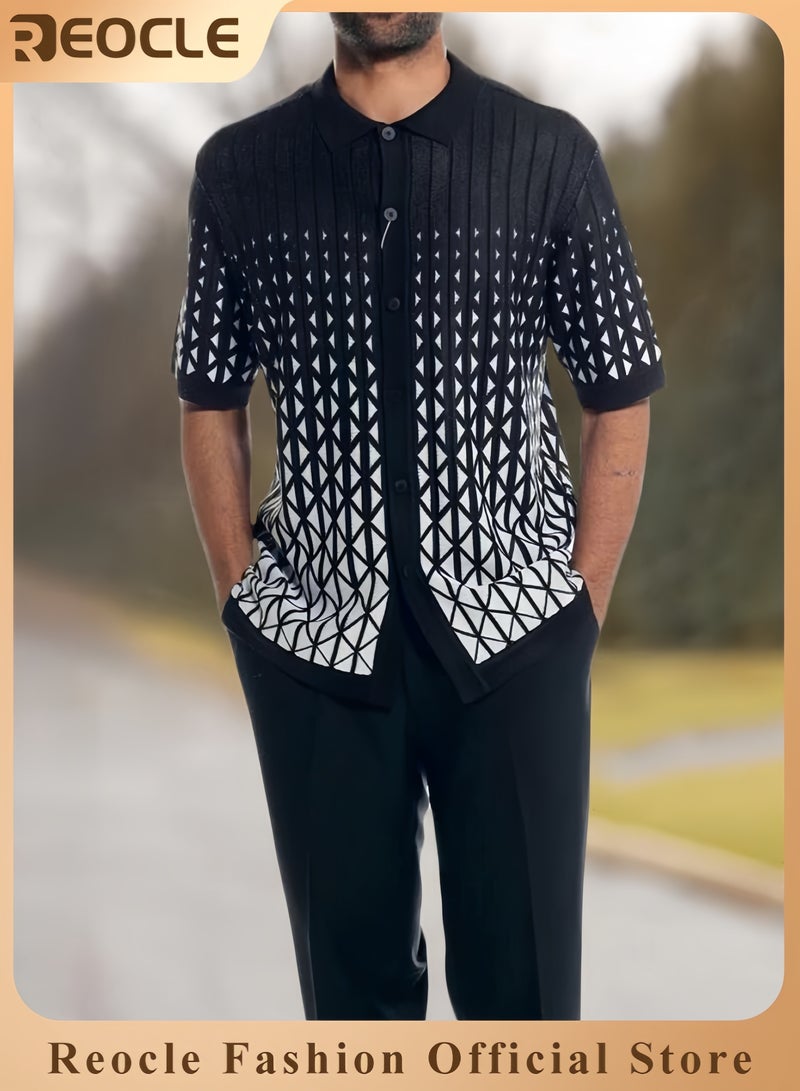 REOCLE Men's 2PCS Set Casual Holiday Style Set Short Sleeve Casual Beach Style  Polo Shirt and Pants Set - Image 1