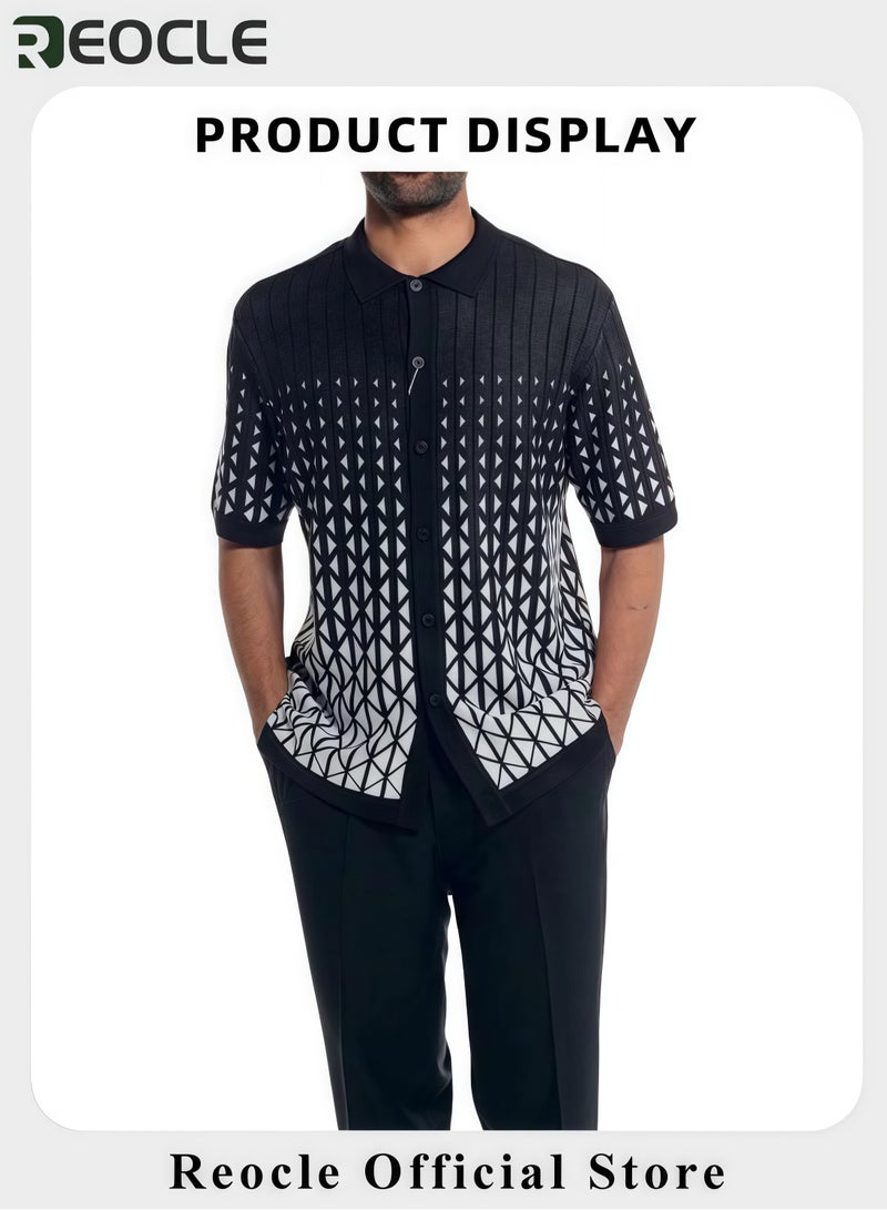 REOCLE Men's 2PCS Set Casual Holiday Style Set Short Sleeve Casual Beach Style  Polo Shirt and Pants Set - Image 2