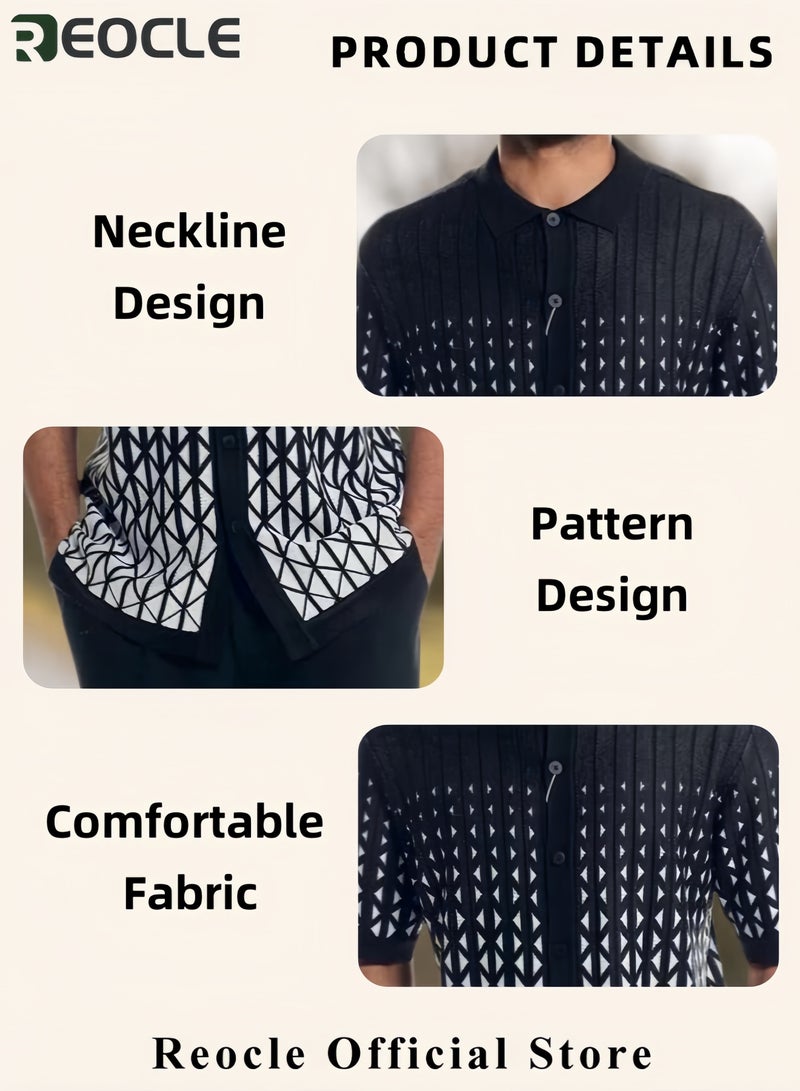 REOCLE Men's 2PCS Set Casual Holiday Style Set Short Sleeve Casual Beach Style  Polo Shirt and Pants Set - Image 3