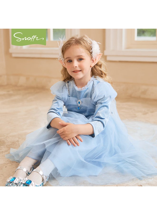 Snoffy Girls' Elsa Princess Dress, Children's Spring Outfit, Elsa Dress For Baby Girls, Birthday Party Dress With Long Sleeves And Cape, Blue, Size 130 - Image 3
