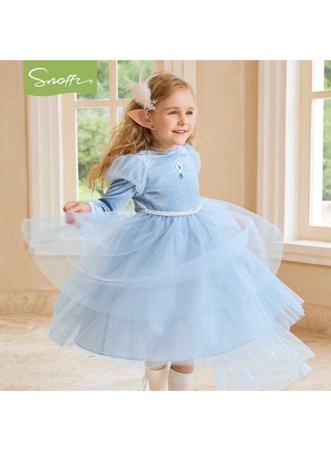 Snoffy Girls' Elsa Princess Dress, Children's Spring Outfit, Elsa Dress For Baby Girls, Birthday Party Dress With Long Sleeves And Cape, Blue, Size 130 - Image 1