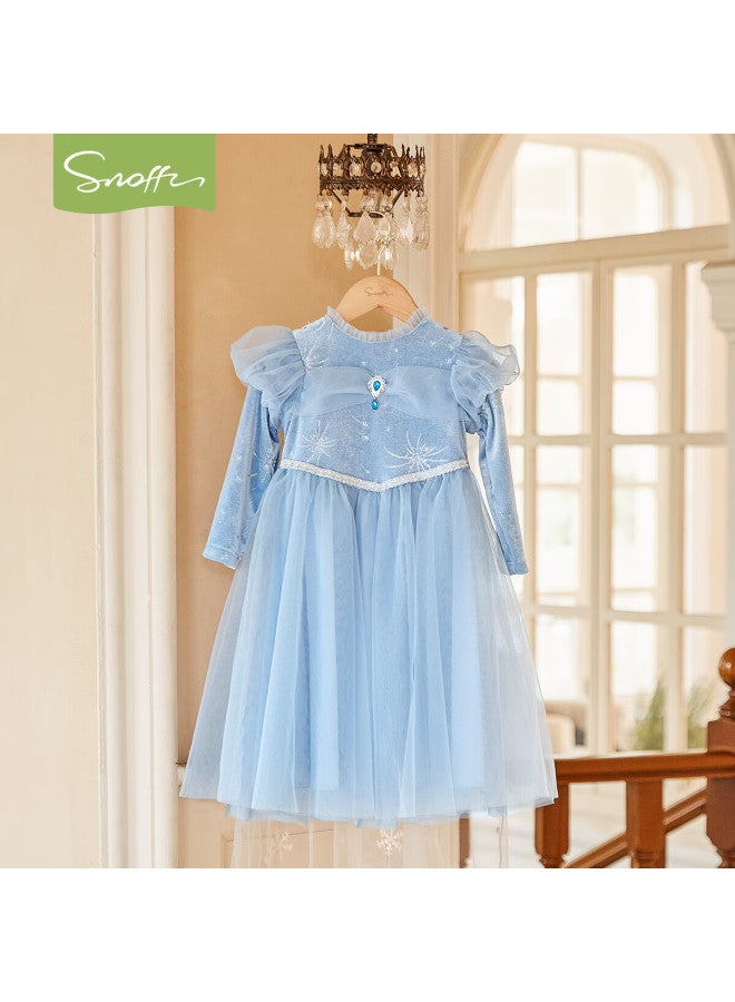 Snoffy Girls' Elsa Princess Dress, Children's Spring Outfit, Elsa Dress For Baby Girls, Birthday Party Dress With Long Sleeves And Cape, Blue, Size 130 - Image 4