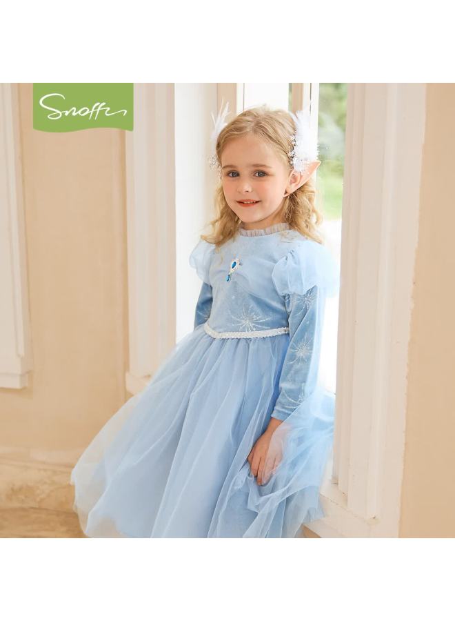 Snoffy Girls' Elsa Princess Dress, Children's Spring Outfit, Elsa Dress For Baby Girls, Birthday Party Dress With Long Sleeves And Cape, Blue, Size 130 - Image 2