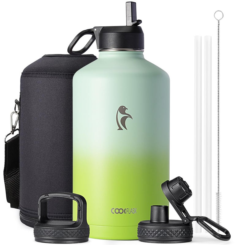 Coolflask 128 oz Gallon Water Bottle Insulated with Straw3 Lids Water Jug Large Stainless Steel Metal Vacuum Wide Mouth for Sports Gym or Office NonBPA Keep Cold 48H Hot 24H Ombre Green