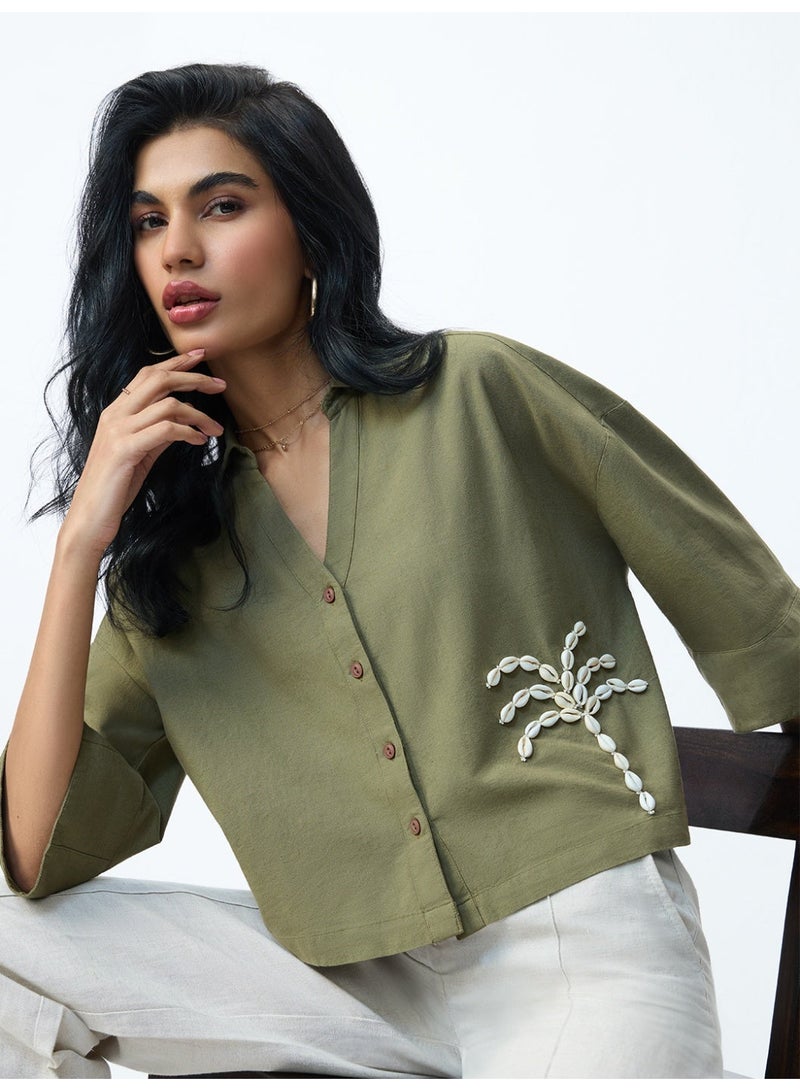 The Souled Store Natureverse: Shelly Women and Girls Elbow Length V-Neck Olive Green Embroidered Cotton Linen Oversized Fit Breathable Eco-Friendly Shirt for Casual Streetwear Winter Wear - Image 3