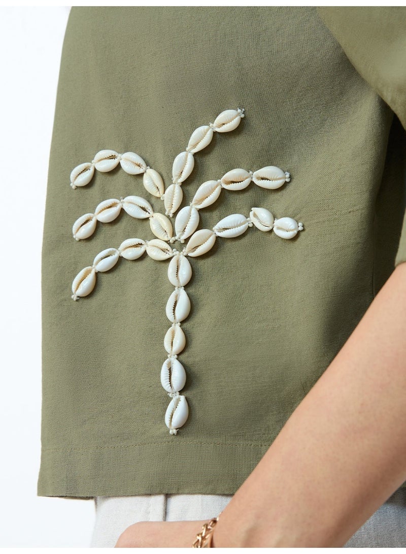 The Souled Store Natureverse: Shelly Women and Girls Elbow Length V-Neck Olive Green Embroidered Cotton Linen Oversized Fit Breathable Eco-Friendly Shirt for Casual Streetwear Winter Wear - Image 5