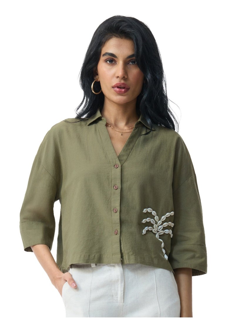 The Souled Store Natureverse: Shelly Women and Girls Elbow Length V-Neck Olive Green Embroidered Cotton Linen Oversized Fit Breathable Eco-Friendly Shirt for Casual Streetwear Winter Wear - Image 1