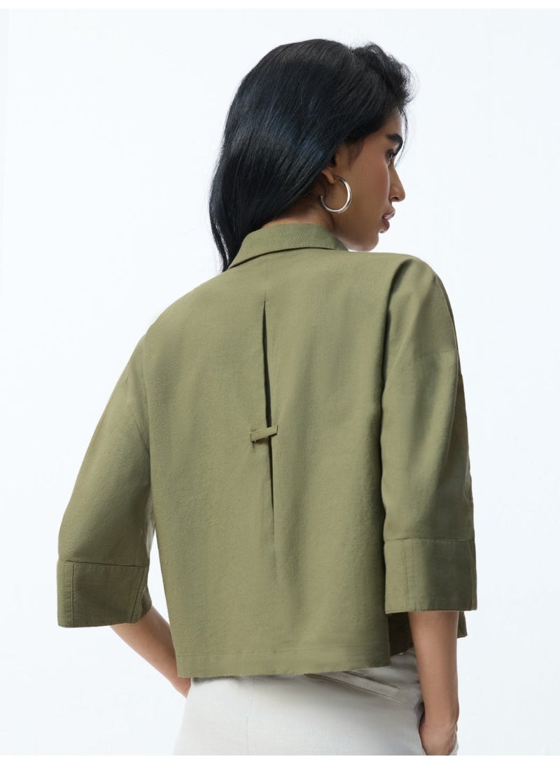 The Souled Store Natureverse: Shelly Women and Girls Elbow Length V-Neck Olive Green Embroidered Cotton Linen Oversized Fit Breathable Eco-Friendly Shirt for Casual Streetwear Winter Wear - Image 4