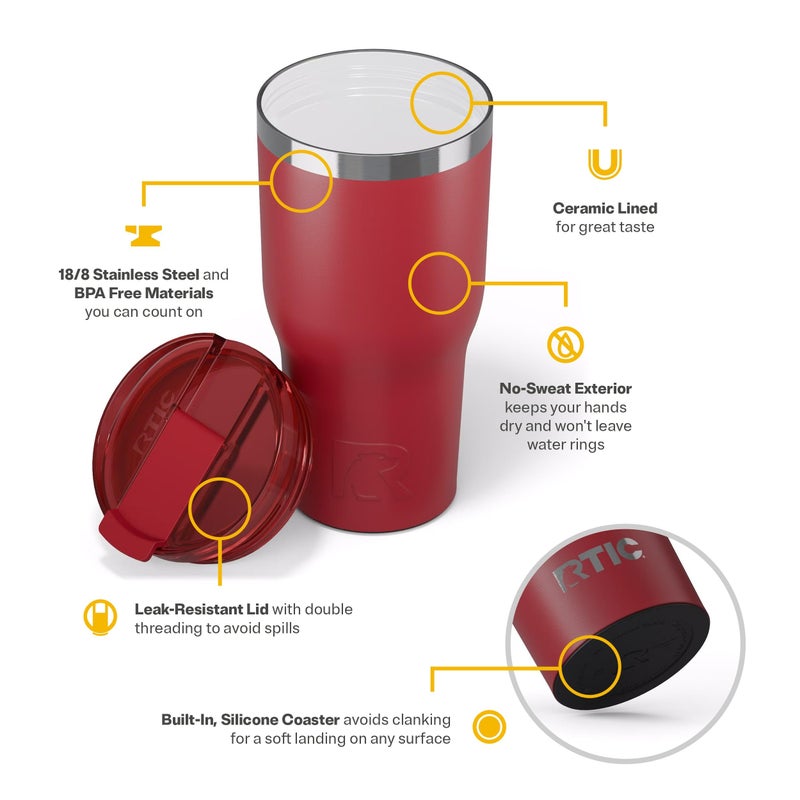 RTIC 30oz Essential Tumbler with Lid, Ceramic Lined, Insulated, Stainless Steel, Metal, Double Wall Vacuum-Insulation, Travel Cup for Iced Coffee, Tea, Hot and Cold Drink, Flag Red - Image 4