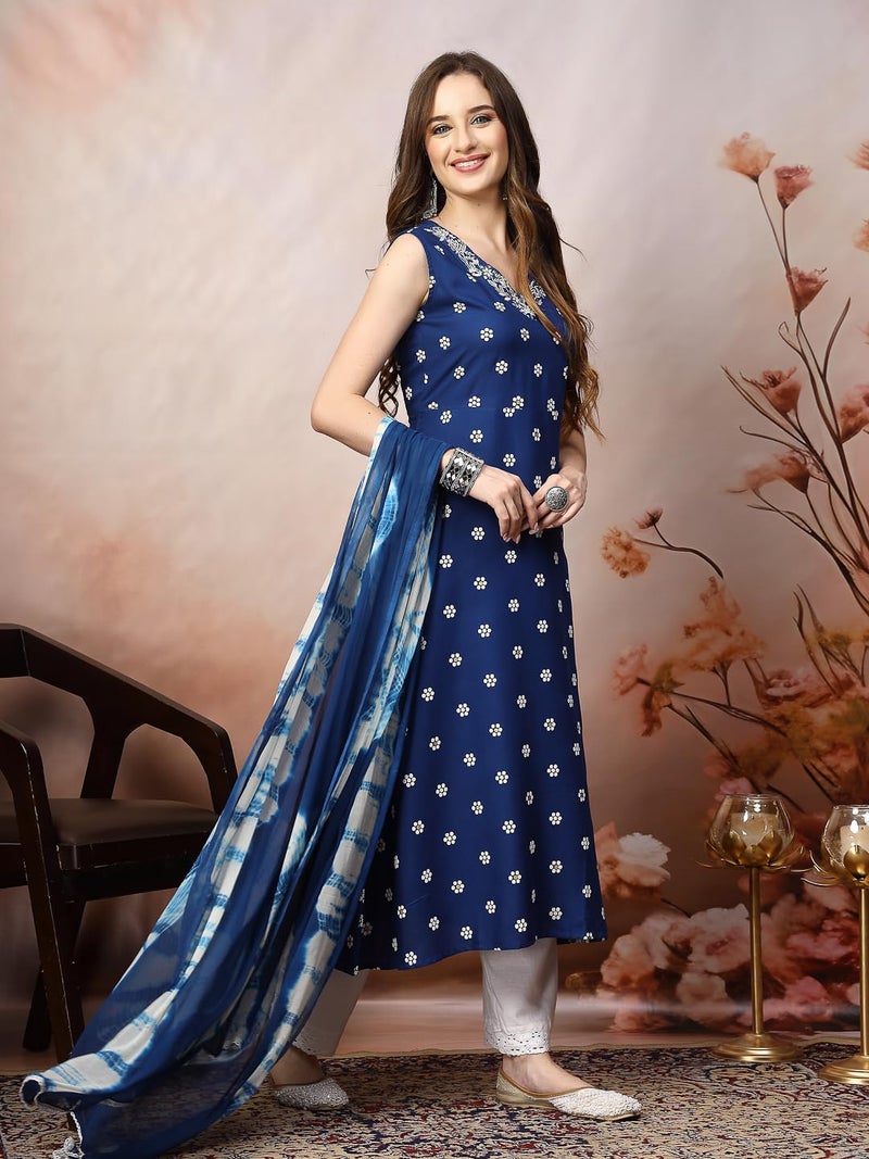 Stylum Women's Floral Printed & Embroidered Rayon A-Line Kurta Dupatta Set - Image 3