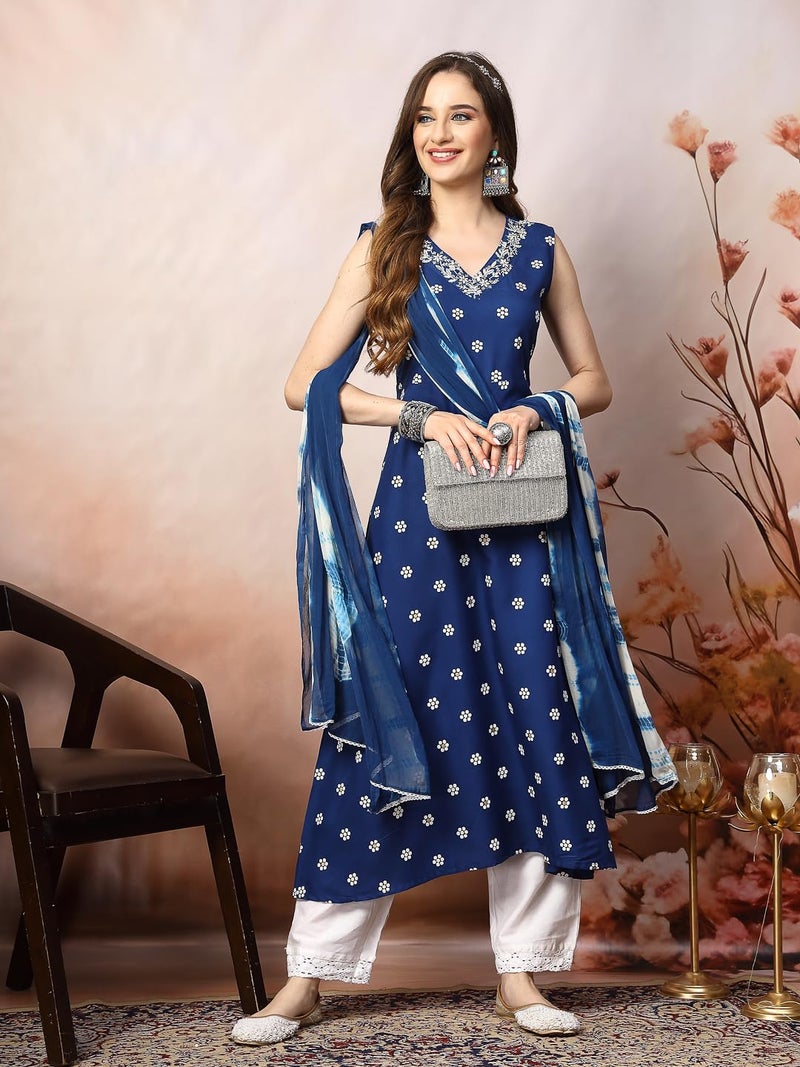 Stylum Women's Floral Printed & Embroidered Rayon A-Line Kurta Dupatta Set - Image 4