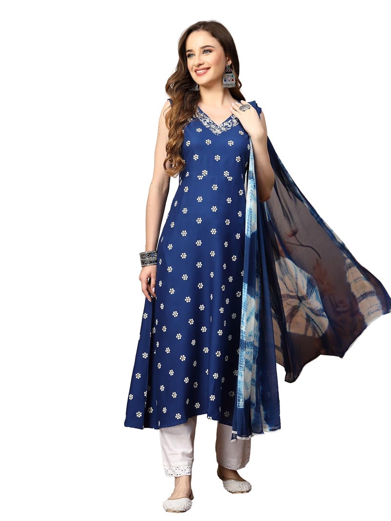 Stylum Women's Floral Printed & Embroidered Rayon A-Line Kurta Dupatta Set - Image 1