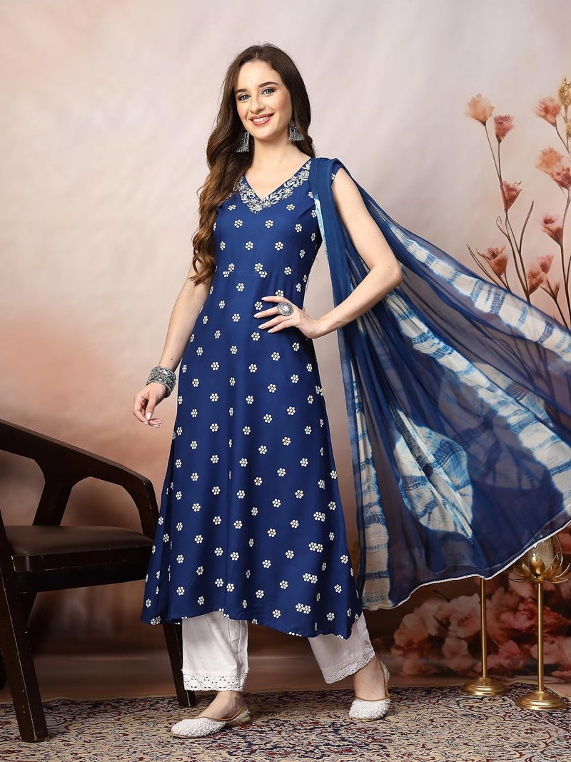 Stylum Women's Floral Printed & Embroidered Rayon A-Line Kurta Dupatta Set - Image 5