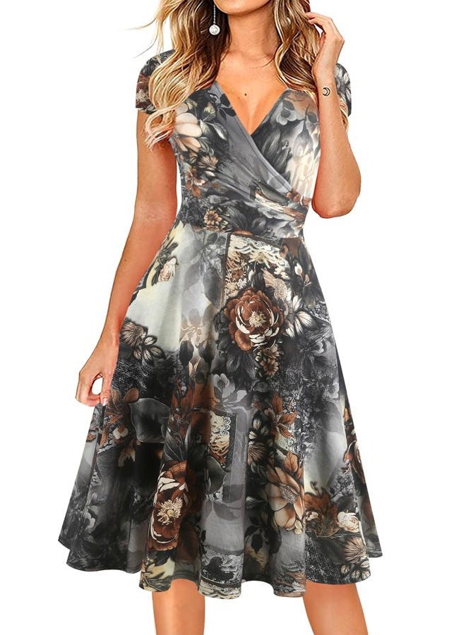 oxiuly Women's Chic V-Neck Vintage Floral Work Party Cocktail Swing Casual Summer Dress OX233 (2XL, Coffee Floral) - Image 1