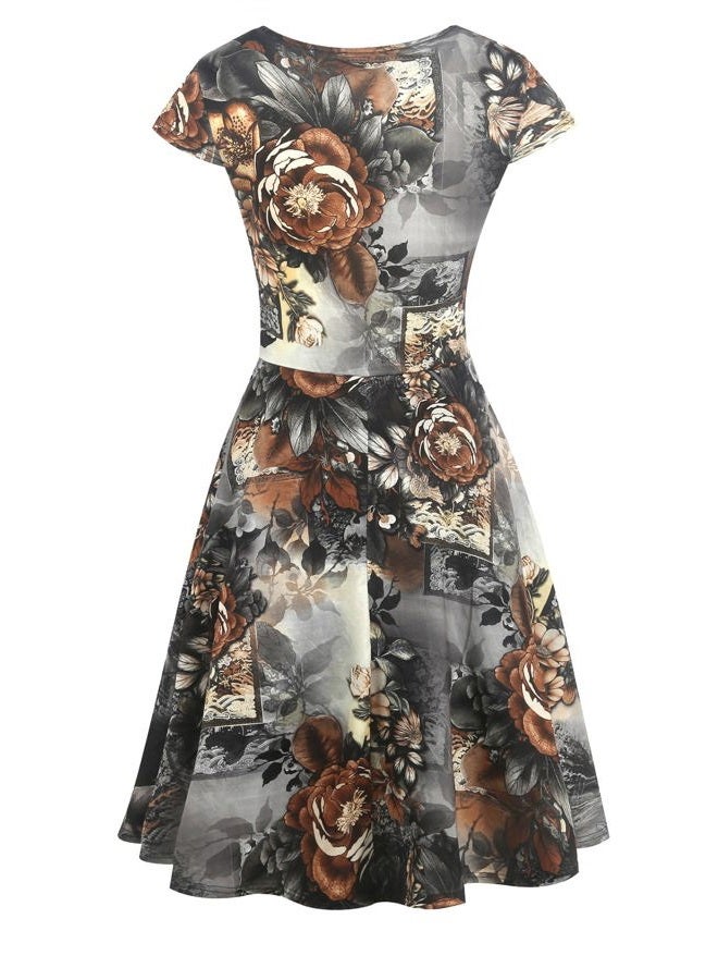 oxiuly Women's Chic V-Neck Vintage Floral Work Party Cocktail Swing Casual Summer Dress OX233 (2XL, Coffee Floral) - Image 4