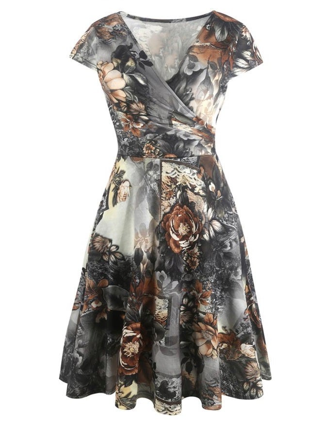 oxiuly Women's Chic V-Neck Vintage Floral Work Party Cocktail Swing Casual Summer Dress OX233 (2XL, Coffee Floral) - Image 2